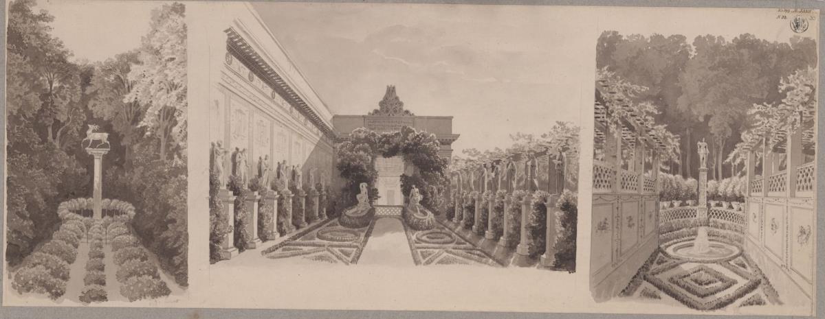 Potsdam-Sanssouci. Antikes Landhaus bei Schloss Charlottenhof. Ansichten der Gartenanlagen