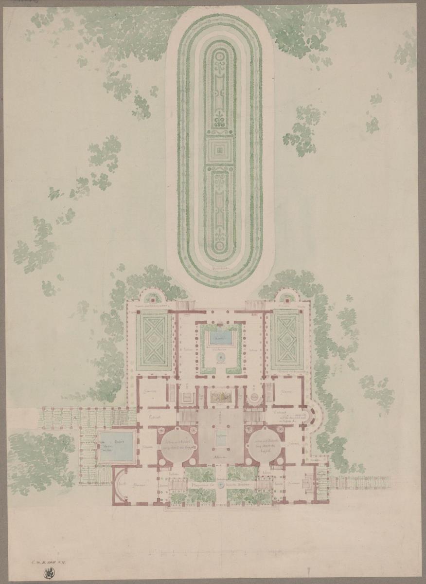 Potsdam-Sanssouci. Antikes Landhaus bei Schloss Charlottenhof. Grundriss der Gesamtanlage