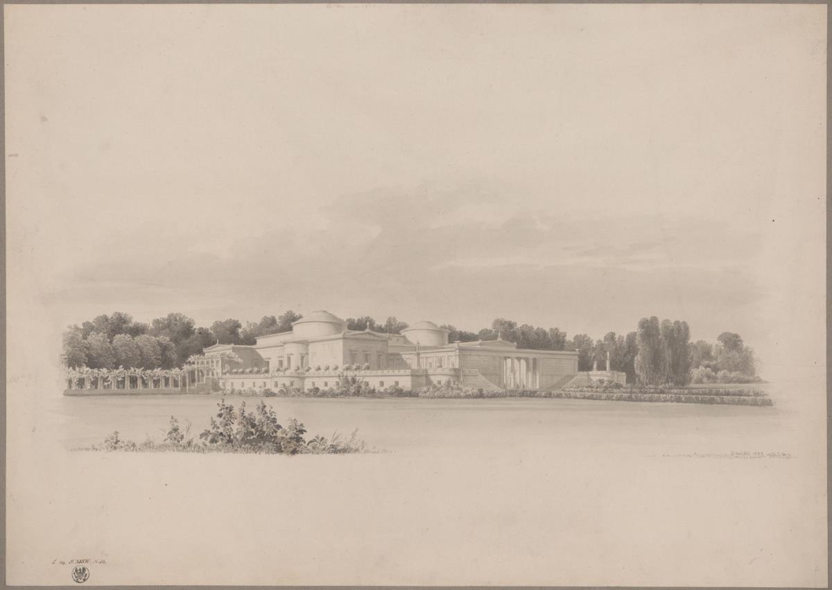 Potsdam-Sanssouci. Antikes Landhaus bei Schloss Charlottenhof. Perspektivische Ansicht von Nordosten