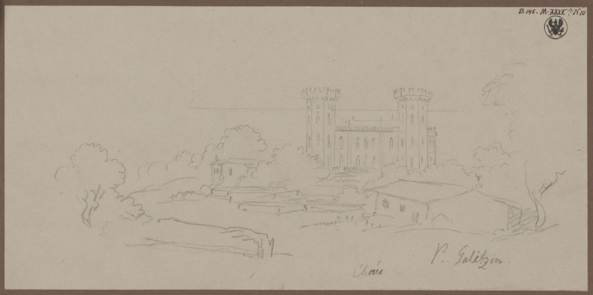 Schloss Chorée des Prinzen Galitzin. Ansicht mit Landschaft