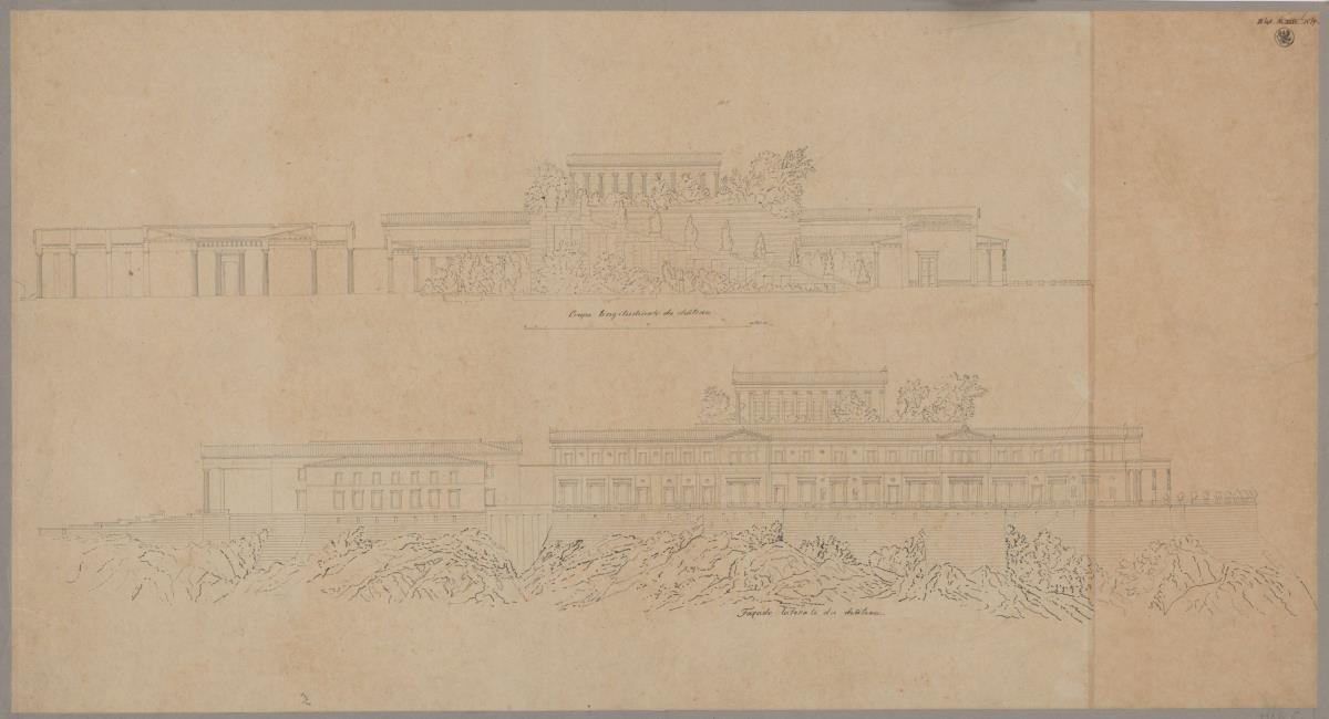 Schloss Orianda auf der Krim. Antikischer Entwurf. Längsschnitt und Seitenansicht