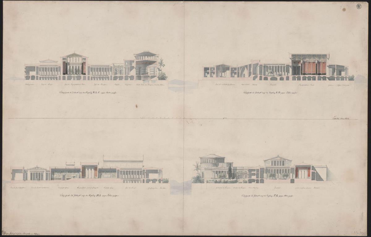 Athen, Akropolis. Palast des Königs Otto von Griechenland. Vier Schnitte