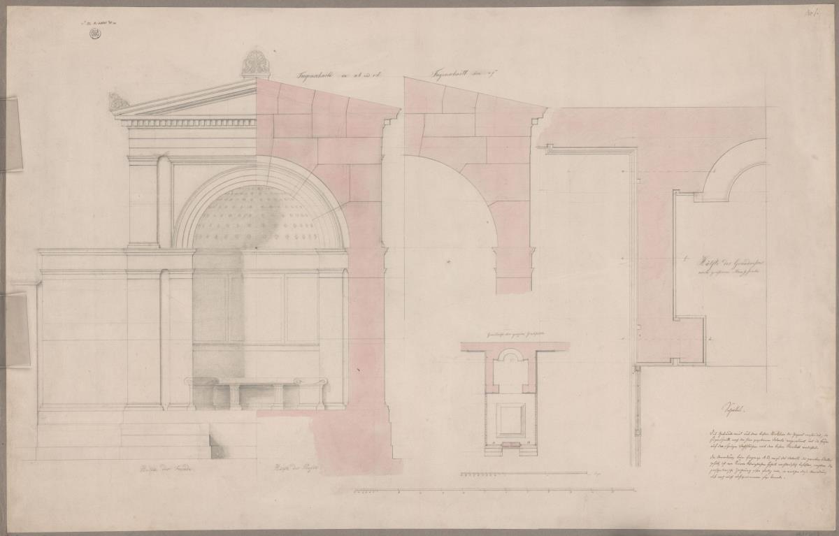 Zeitz. Entwurf zum Grabdenkmal für Johann Friedrich Delbrück. Aufrisse, Grundrisse und Schnitte