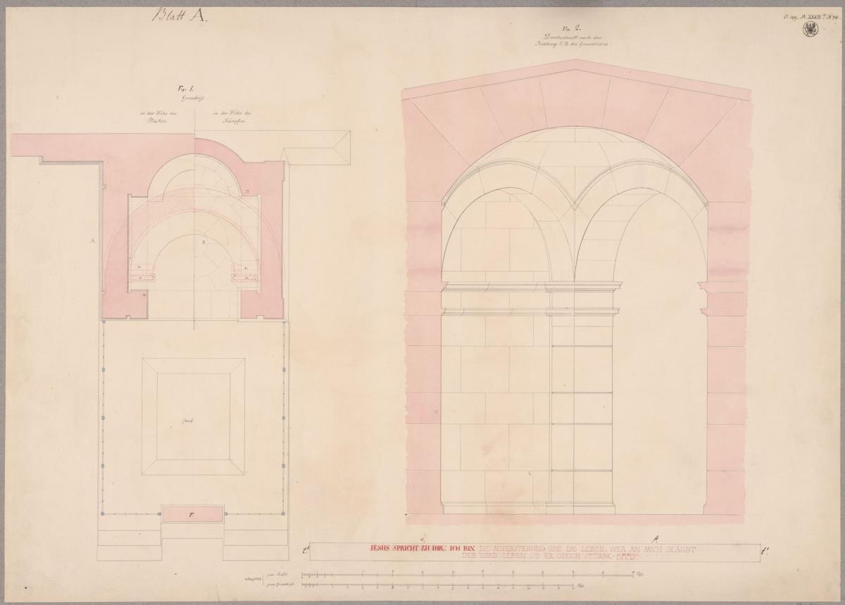 Zeitz. Entwurf zum Grabdenkmal für Johann Friedrich Delbrück. Grundriss und Diagonalschnitt
