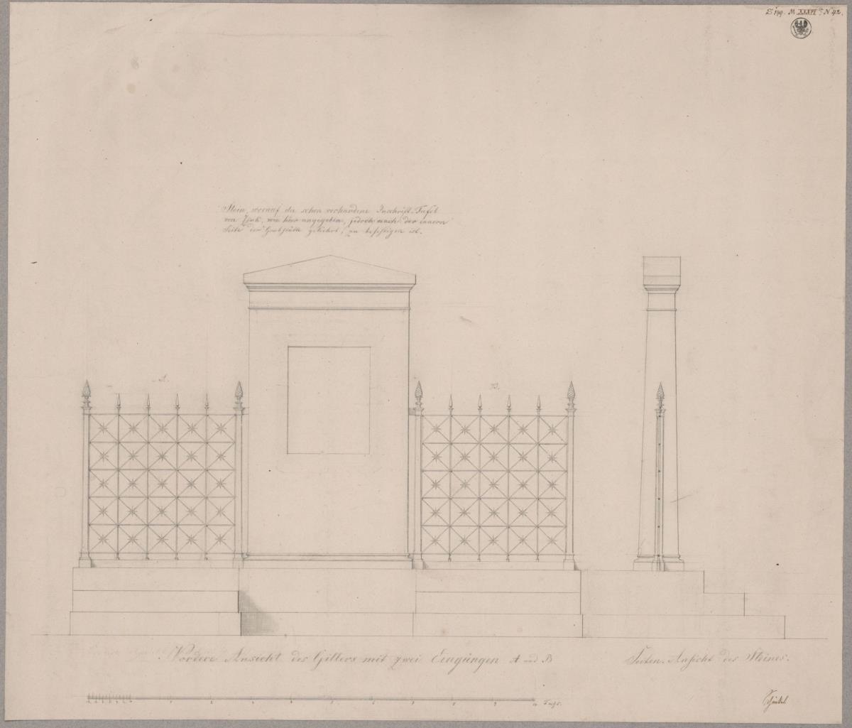 Zeitz. Entwurf zum Grabdenkmal für Johann Friedrich Delbrück. Frontal- und Seitenansicht des Gitters um den Vorplatz mit dem Grabstein