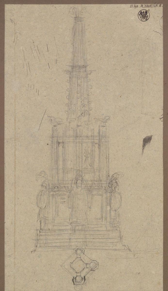 Graudenz (Grudziądz), ehem. Regierungsbezirk Marienwerder (Województwo Kujawsko-Pomorskie). Entwurf zum Denkmal für Wilhelm de Courbière in Form einer gotischen Filiale. Grundriss und Aufriss