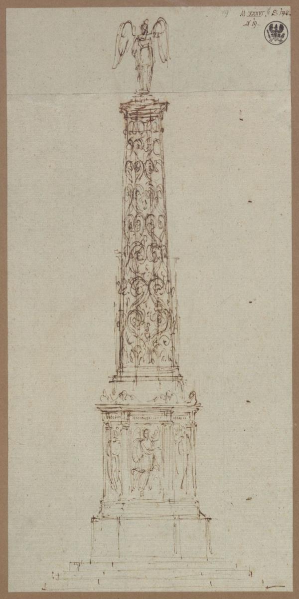 Berlin. Entwurf zum Kreuzbergdenkmal in Form einer Säule. Achteckiger Entwurf mit Reliefs und Ornamenten