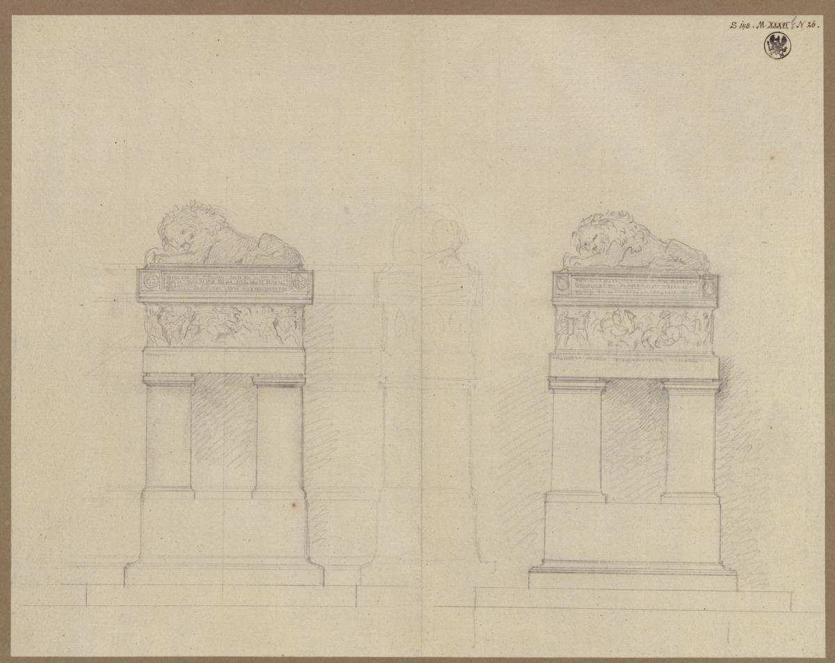 Berlin. Denkmal für General Scharnhorst. Auf dem Invalidenkirchhof ausgeführter Entwurf als Sarkophag mit darauf ruhendem Löwen. Zwei Ansichten der Stirnseiten