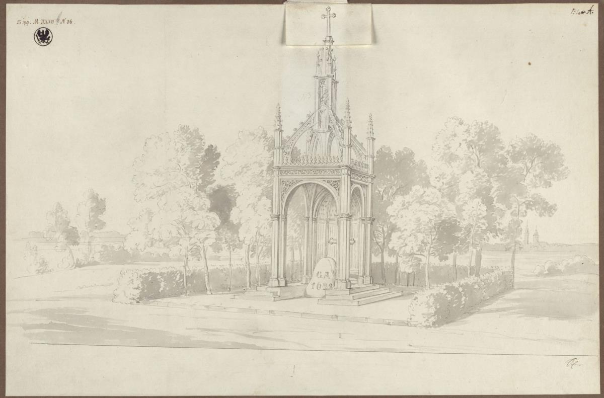 Lützen. Entwurf zu einem Denkmal für König Gustav II. Adolf von Schweden in Form eines gotischen Baldachins über dem Schwedenstein, mit niedriger Filialbekrönung