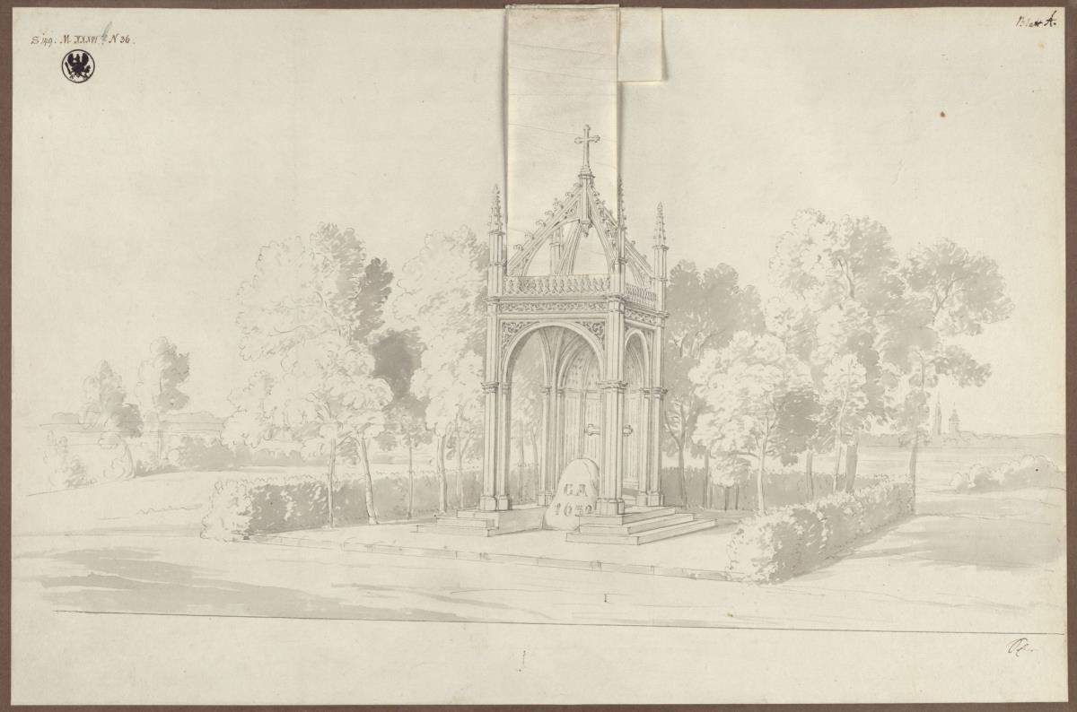 Lützen. Entwurf zu einem Denkmal für König Gustav II. Adolf von Schweden in Form eines gotischen Baldachins über dem Schwedenstein, mit Kreuzbekrönung, ohne Filiale