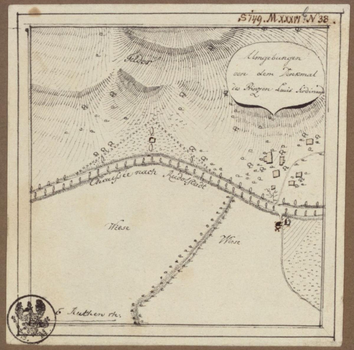 Denkmal für Prinz Louis Ferdinand auf dem Schlachtfeld. Situationsplan