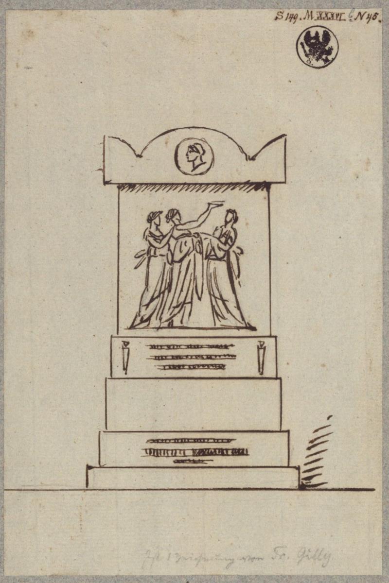 Entwurf zu einem Denkmal mit drei weiblichen Relieffiguren und einem Medaillon