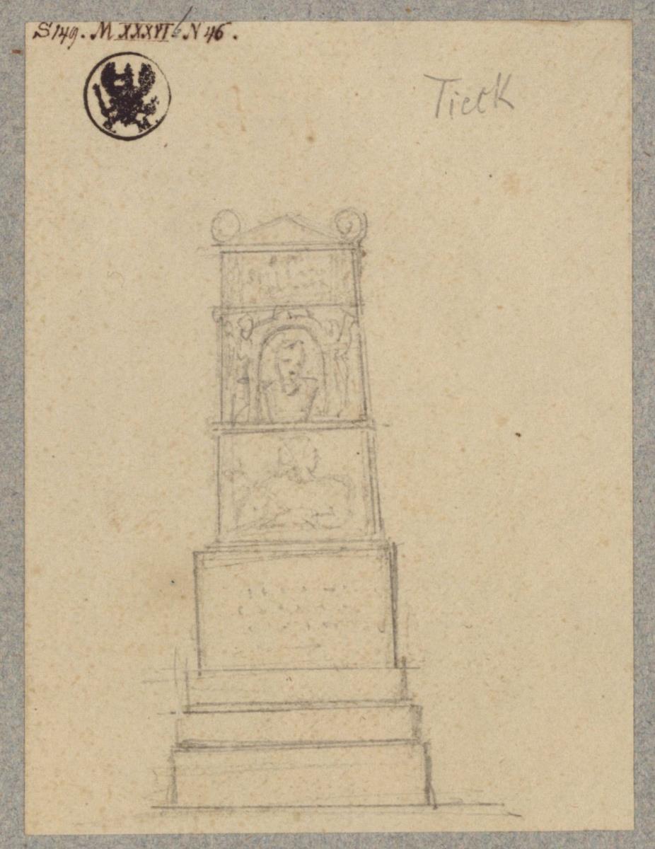 Entwurf zu einem Denkmal mit einer Büst und vielleicht einem ruhenden Löwen oder einem Lamm mit einem Kreuzstab / Entwurf zum Grabmal für Peter Alexander von Itzenplitz in Kunersdorf bei Bad Freienwalde