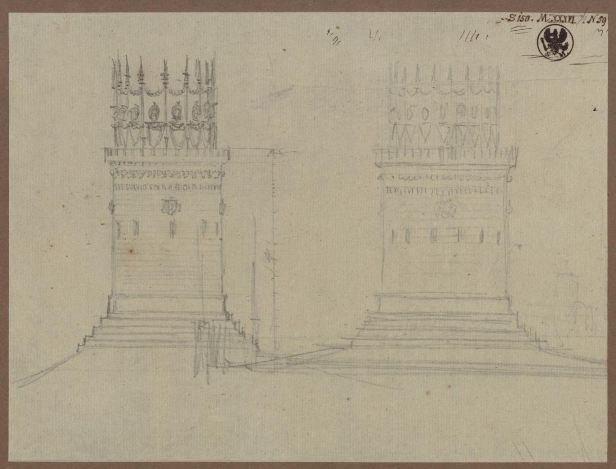 Graudenz (Grudziądz), ehem. Regierungsbezirk Marienwerder (Województwo Kujawsko-Pomorskie). Zwei Entwürfe zum Denkmal für Wilhelm de Courbière als Rundturm mit einer Krönung aus Lanzen, Helmen und Schilden