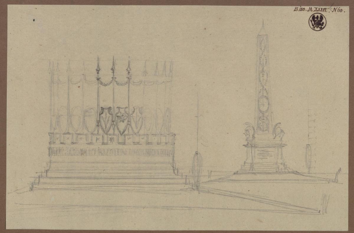Graudenz (Grudziądz), ehem. Regierungsbezirk Marienwerder (Województwo Kujawsko-Pomorskie). Alternativen zum Denkmal für Wilhelm de Courbière in Form eines Rundturm-Sockels mit Waffenkranz und eines Obelisken