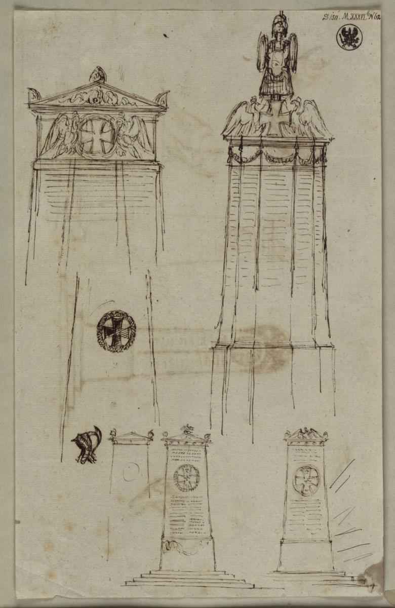 Mehrere Entwürfe zu einem Monument mit Adlern und dem Eisernen Kreuz