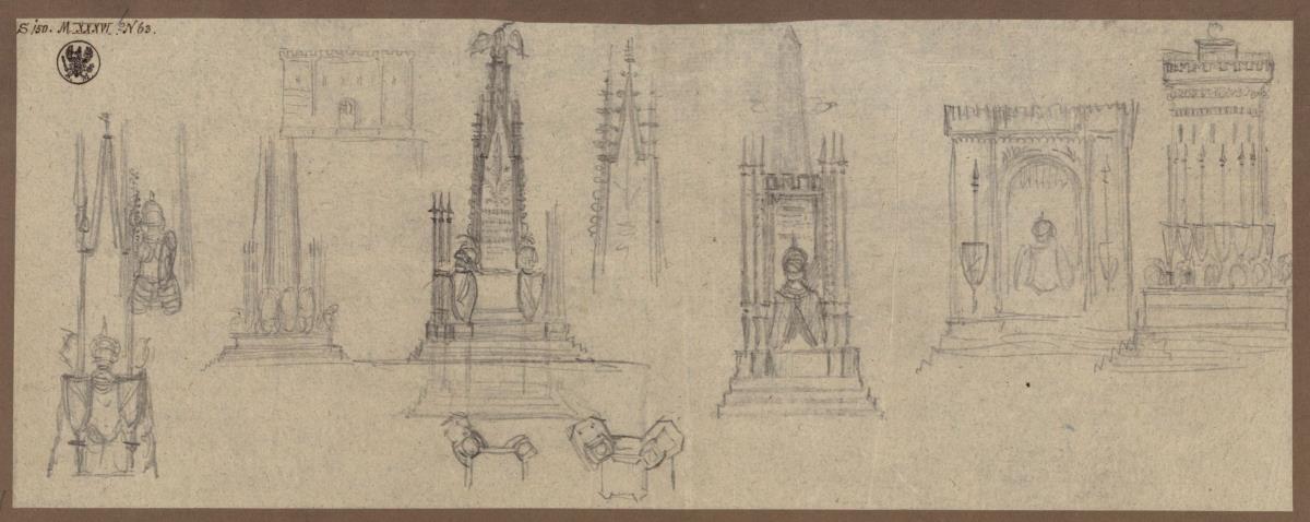 Graudenz (Grudziądz), ehem. Regierungsbezirk Marienwerder (Województwo Kujawsko-Pomorskie). Skizzen zum Denkmal für Wilhelm de Courbière mit Filialen, Obelisk-, Tor- und Turmformen