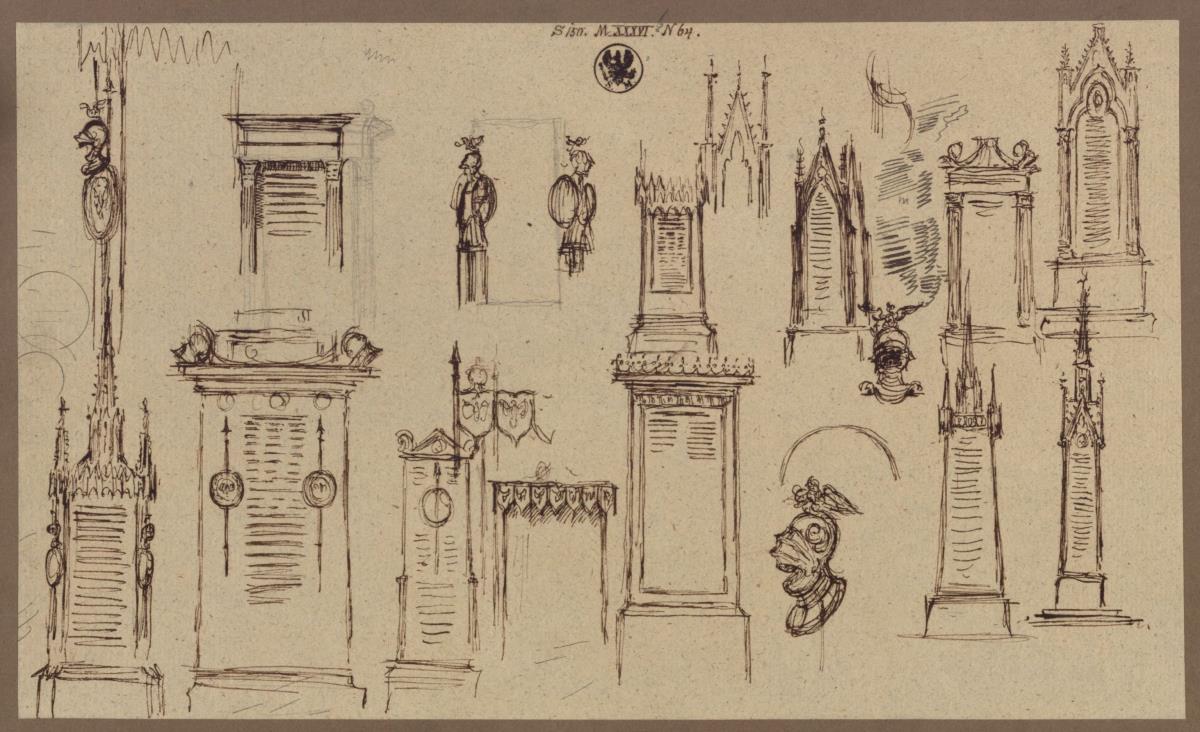 Graudenz (Grudziądz), ehem. Regierungsbezirk Marienwerder (Województwo Kujawsko-Pomorskie). Skizzen zum Denkmal für Wilhelm de Courbière mit Fialen und Stelen / Skizzen zum Gefallenendenkmal in Spandau