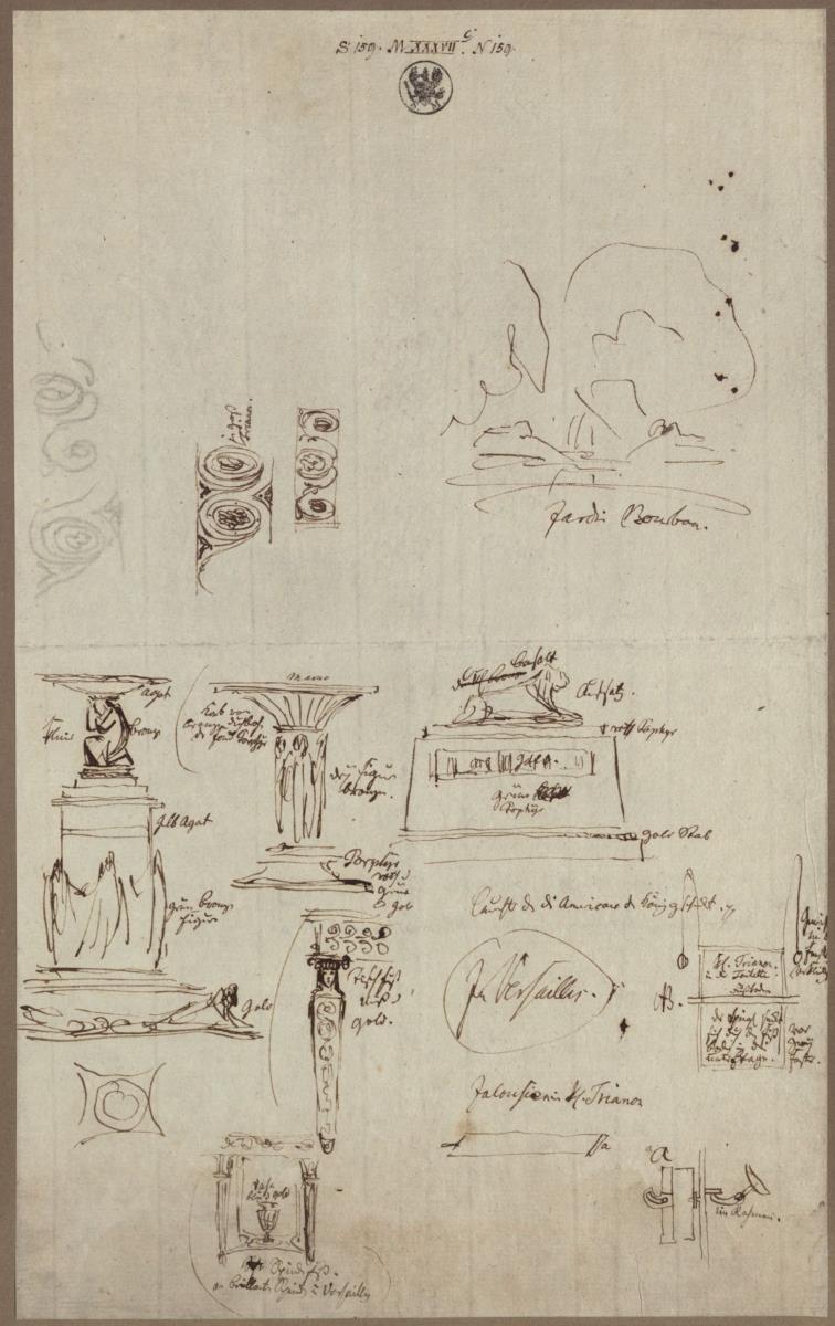 Studienblatt zu Versailles: Denkmale & Vasen & Architekturdetails & Verschiedenes