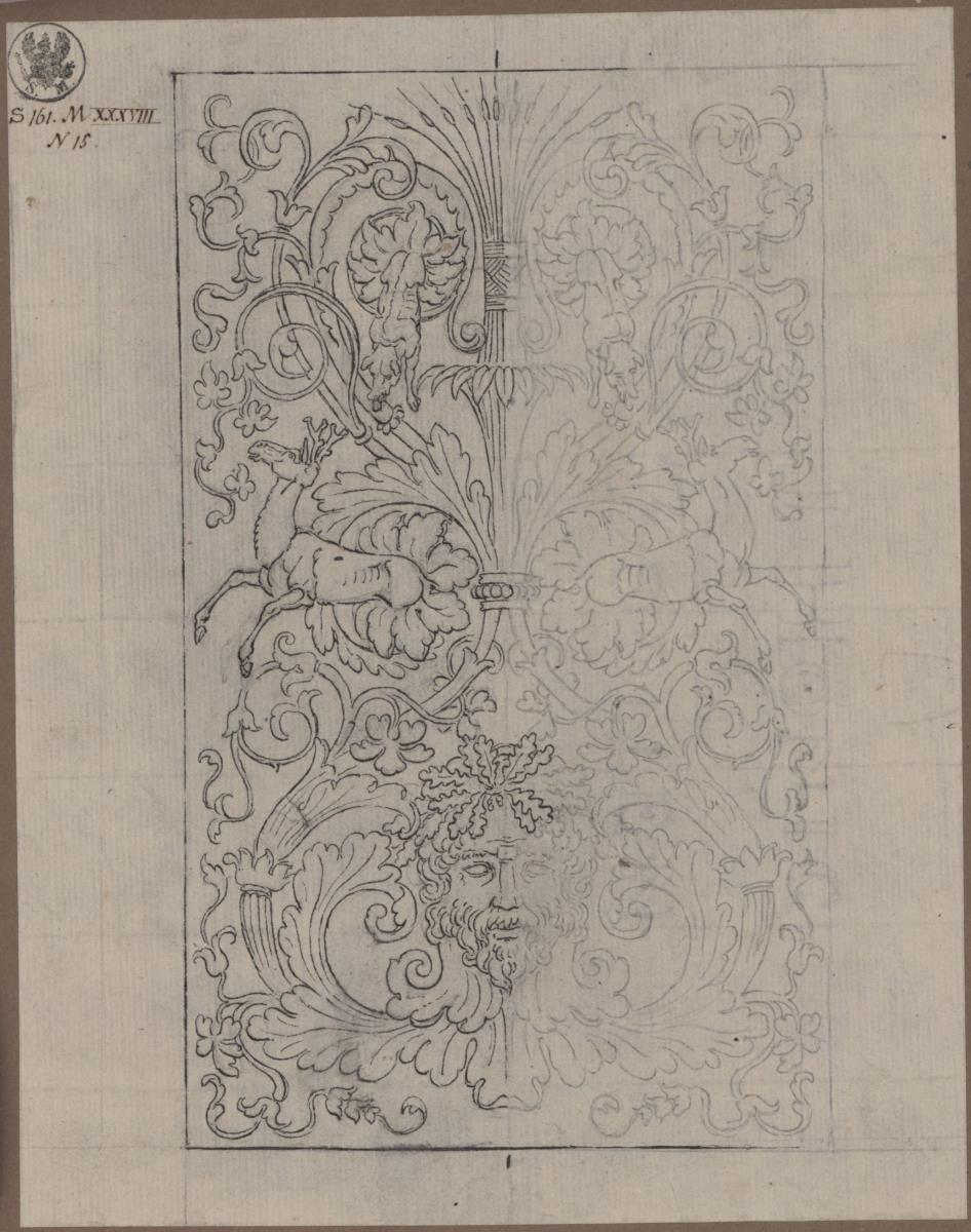 Ornament mit Hirschen, Hunden und Maske