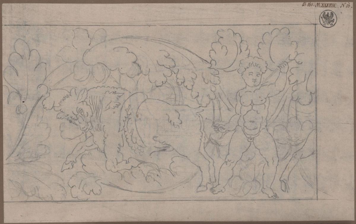 Relief mit Stier und Amor, von Akanthusornament umrankt