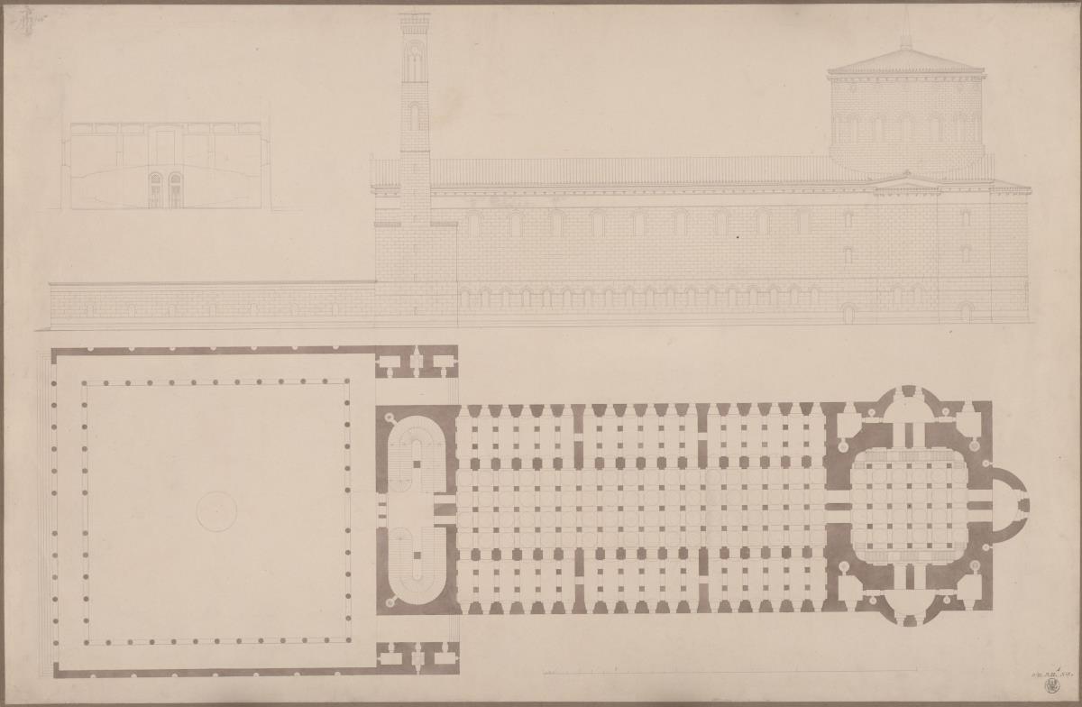 Entwürfe für die Basilika neuen Typs. Querschnitt, Seitenansicht und Grundriss