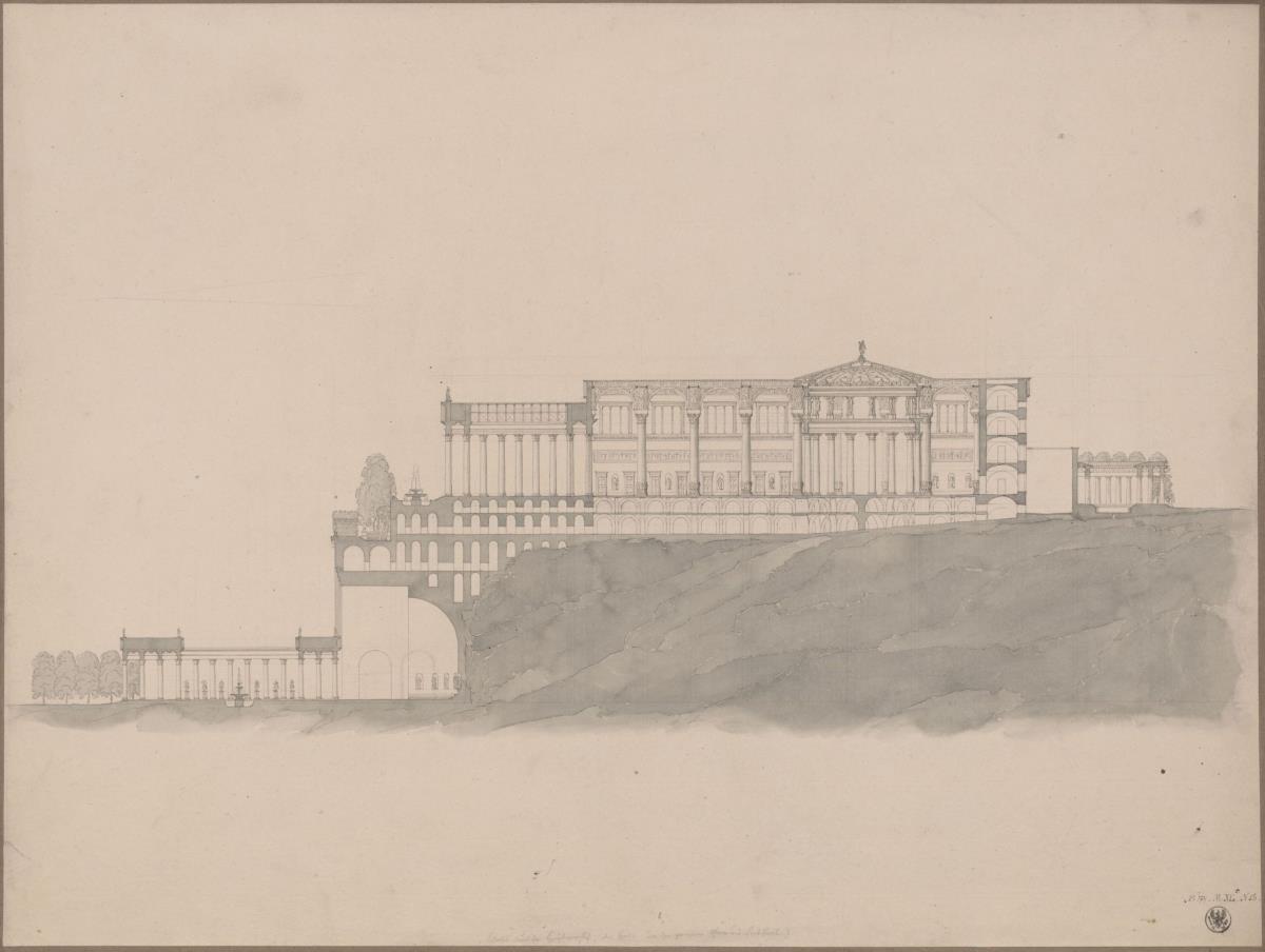 Die Residenz eines Fürsten. Profil Einfahrt, Vorhof Halle, Großer Thron- und Festsaal
