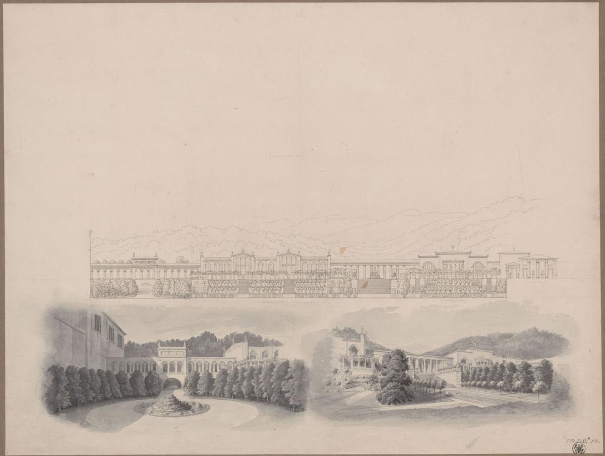 Die Residenz eines Fürsten. Panorama-Ansicht, Galerie und Orangerie, Bilder- und Antikensammlung