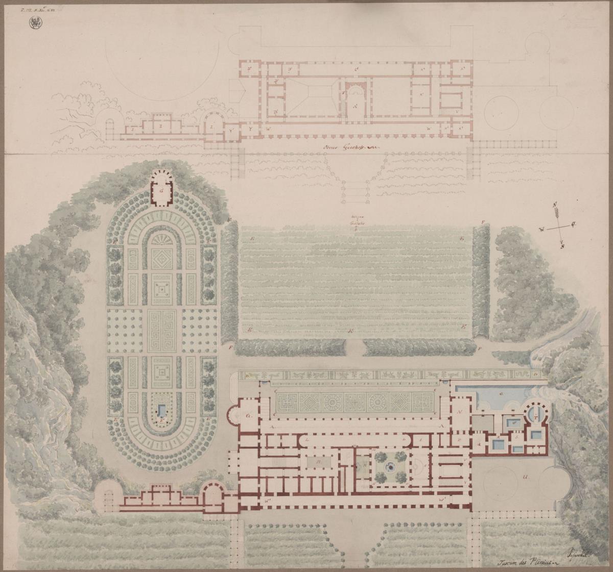Rekonstruktion der Villa Tusca nach Plinius. Lageplan und Grundrisse des oberen und unteren Geschosses