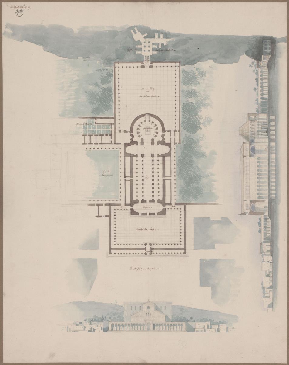 Jerusalem. Entwurf zur Grabeskirche. Grundriss, Aufriss und Längsschnitt