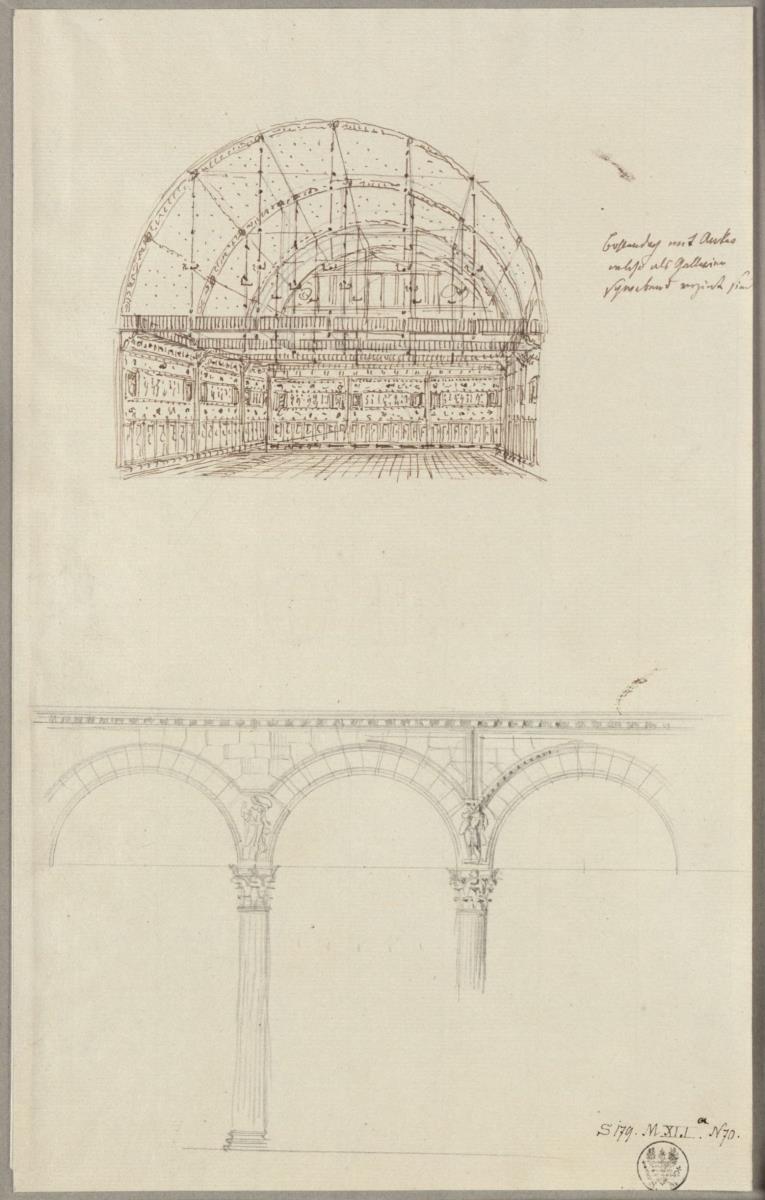 Entwurf zu einem Bibliothekssaal mit Tonnengewölbe und Zugankern & Entwurf zu einer Säulenarkade mit Halbkreisbögen