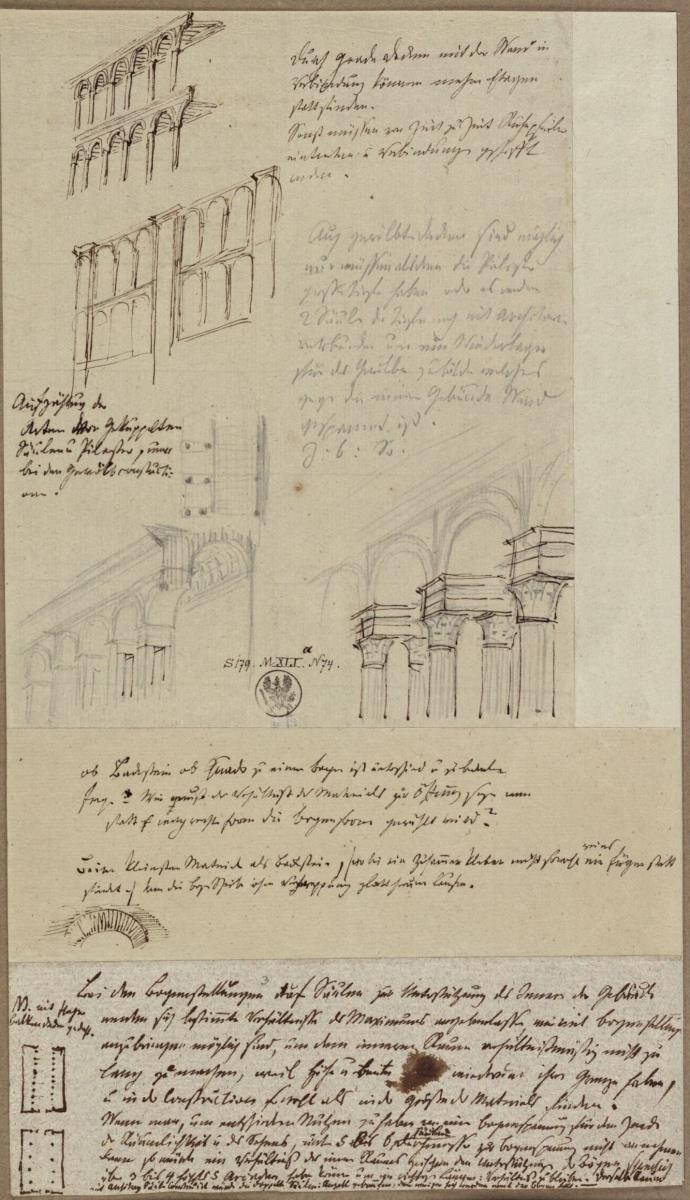 Entwürfe zu mehrstöckigen Säulenarkaden & Entwürfe zu Arkaden mit gekuppelten Säulen / Bogenarchitektur bei Kirchenemporen