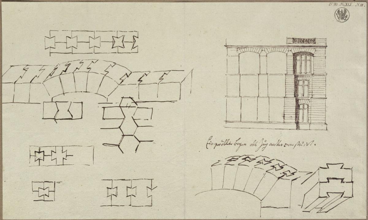 Entwurf zu einem Gebäude in Segmentbogenarchitektur & Entwürfe zu Steinkonstruktionen bei Segmentbögen