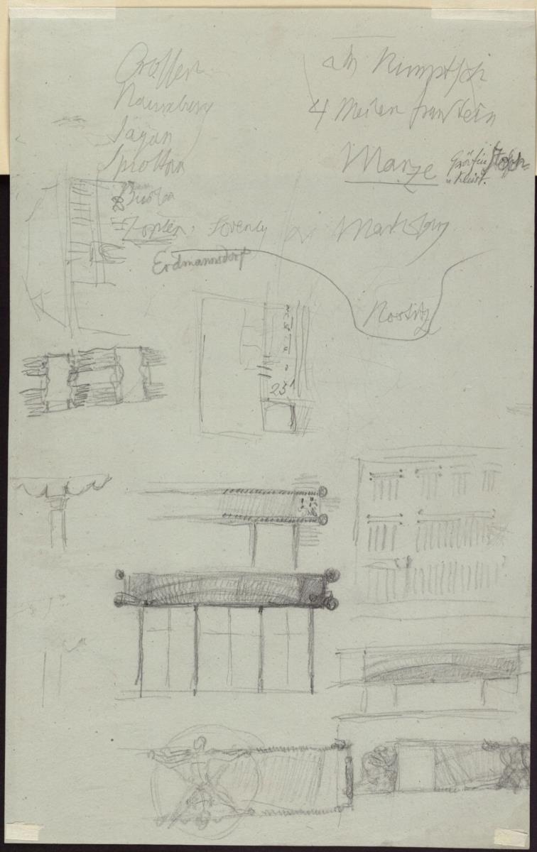 Skizzen zu Fensterverdachungen & Skizze einer dreigeschossigen Fassade & Figurenstudie & Notizen