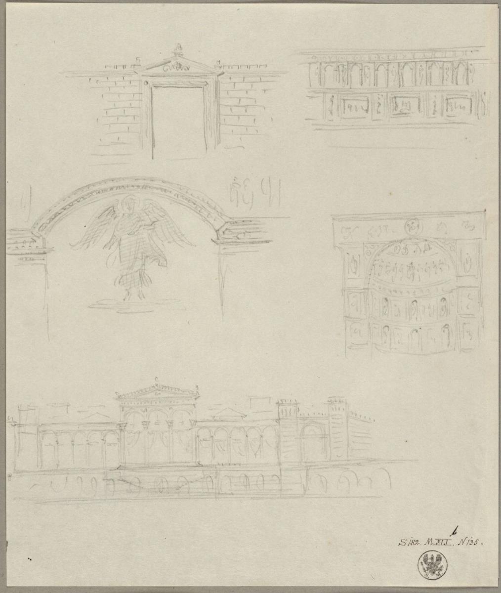 Entwürfe zu Tribünen (?) & Blick in eine Apsis mit Malereien und wohl Skulpturenschmuck & Portal oder Fenster mit Giebelverdachung & Fassade oder Wandaufriss & Engel unter einem Segmentbogen