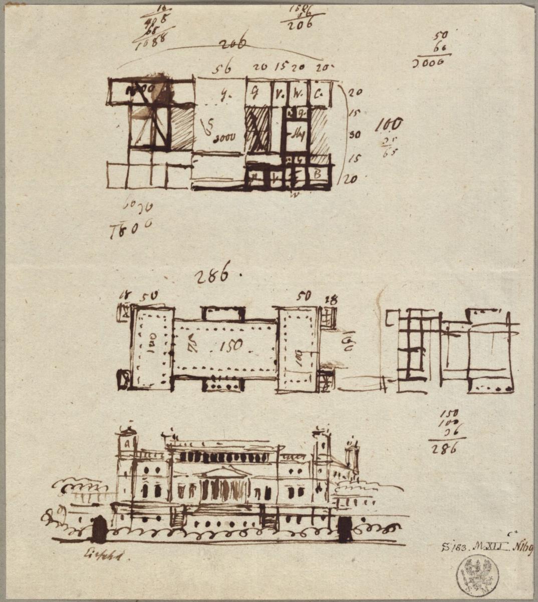 Entwürfe zu einer Schlossanlage mit Ecktürmen, vielleicht zum Schloss Kressendorf (Krzeszowice) bei Krakau