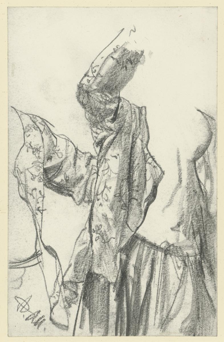 Heinrich von Kleist, Der zerbrochene Krug: Weibliche Figur geblümte Jacke anziehend. Mit Detailstudie der rechten Hälfte der Jacke
