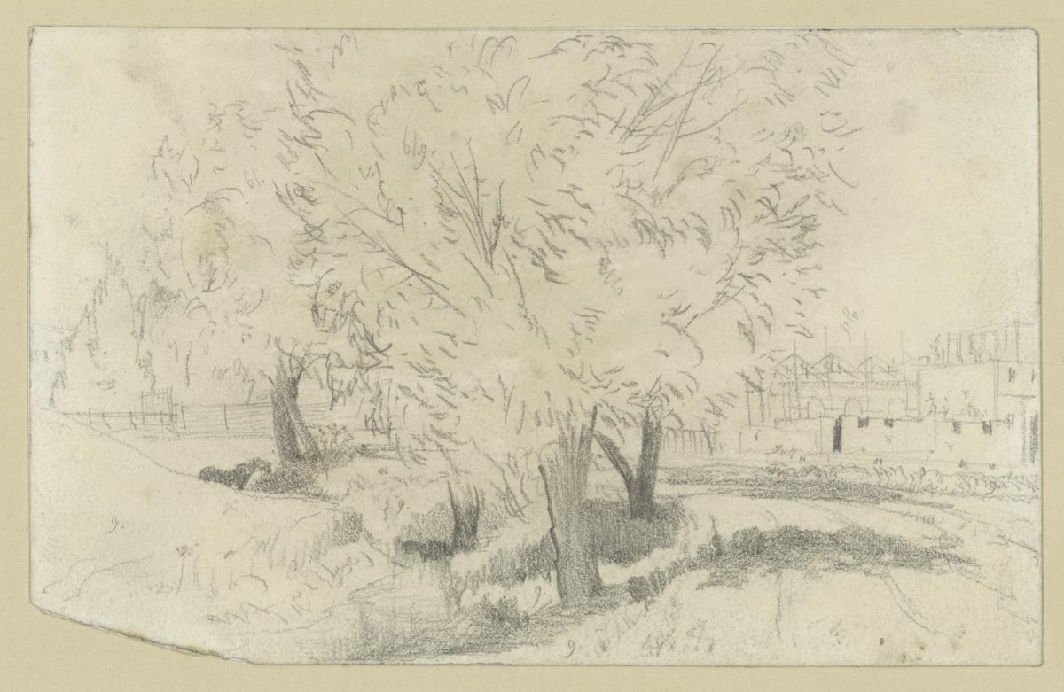 Baumgruppe an einem Bach mit Brücke im Hintergund links, rechts im Hintergrund Gebäude, Studie zu "Bauplatz mit Weiden", 1846 (ANG, A I 900)
