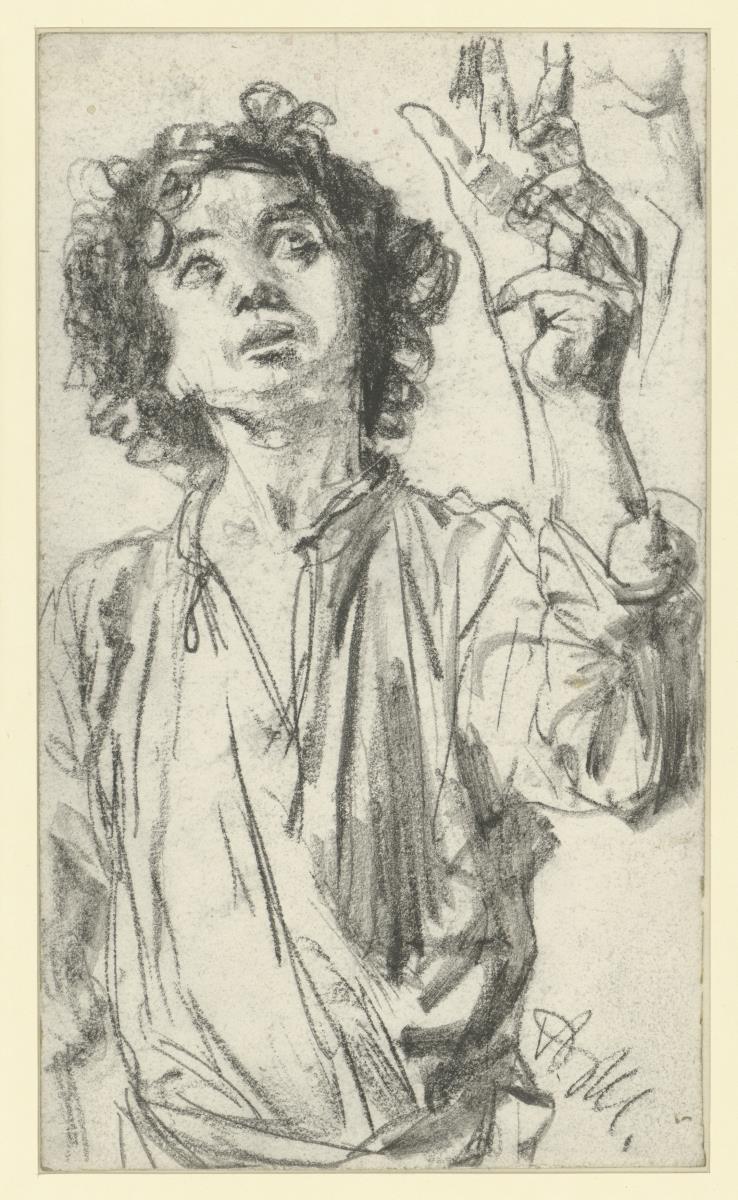 Brustbild des Lorenzo Cocozza mit erhobener Hand und Details. Modellstudie zur "Piazza d'Erbe"