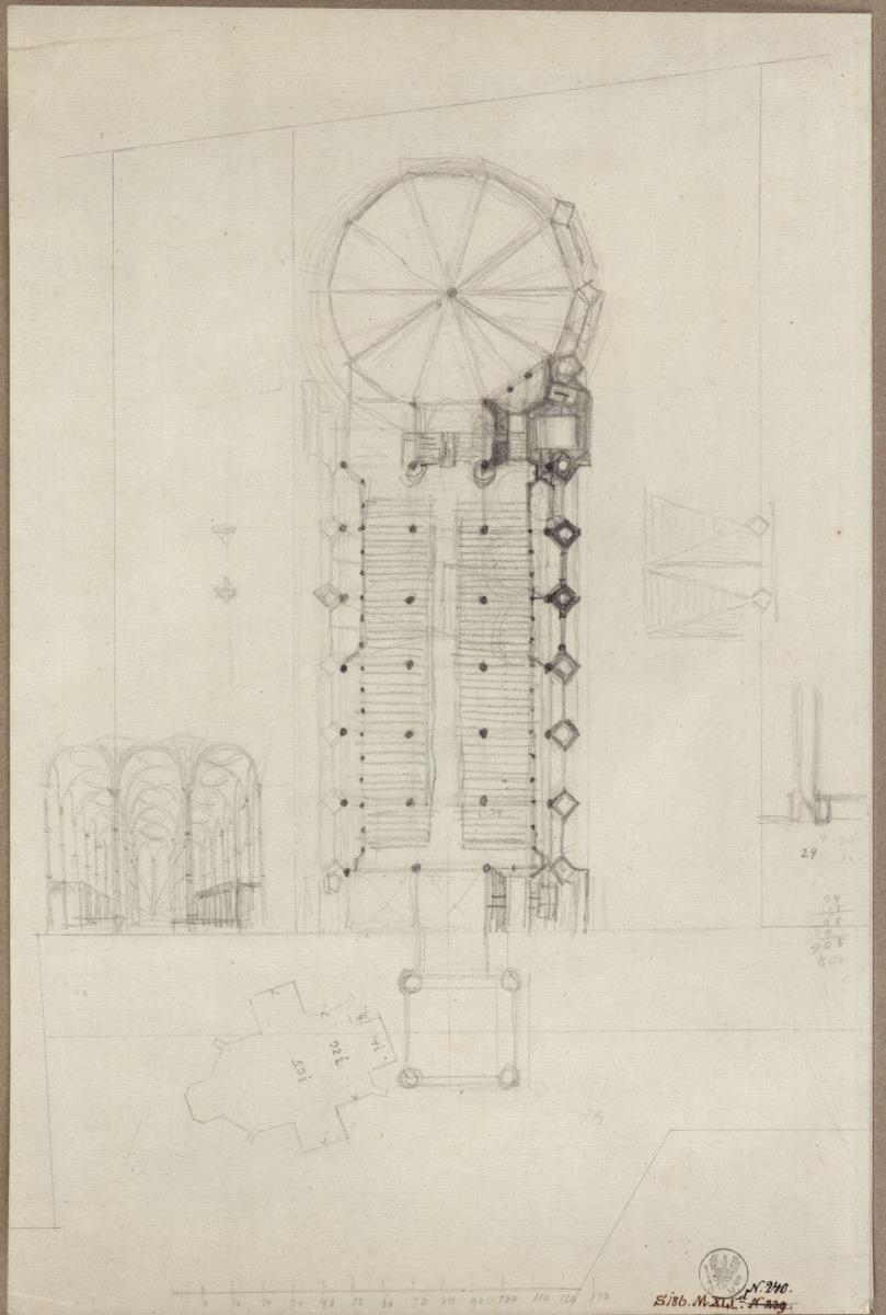 Berlin, Spittelmarkt. Entwurf zur Gertraudenkirche. Wölbung mit Kuppel- und Trichtergewölben. Grundriss, Blick in das Langhaus