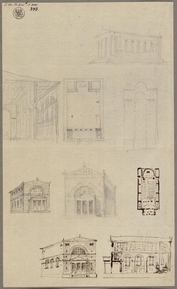 Entwurf zu einem antiken Tempel & Entwürfe zu einer dreischiffigen Hallenkirche & Entwürfe zu einer Kirche mit Portikus und Thermenfenster