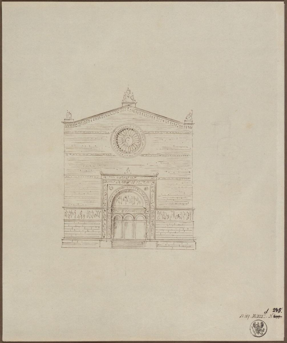 Entwurf zu einer Kirche mit Dreiecksgiebel, Rosettenfenster und umlaufendem Fries nach italienischen Anregungen