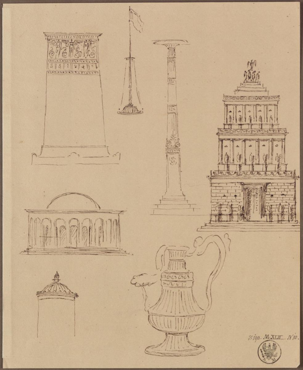 Ein ägyptisierendes Grab & Eine Fahnenspitze & Ein Kandelaber & Das Mausoleum von Halikarnassos & Ein überkuppelter Rundbau & Spitze eines Rundturmes & Ein Krug