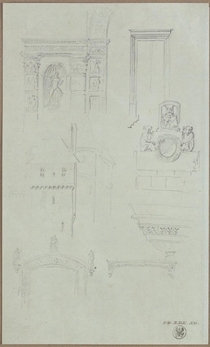 Entwürfe zu Säulen und Pilastern mit Figurenreliefs & Entwurf zu einem mittelalterlichen Gebäude & Entwürfe zu architektonischen Details