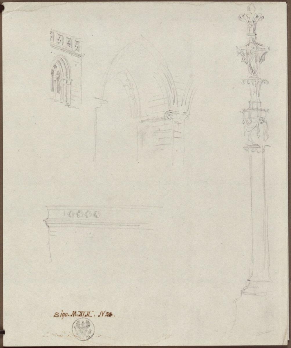 Entwürfe zu einem Fenster und einer Arkade mit Spitzbogen & Entwurf zu einer Mariensäule