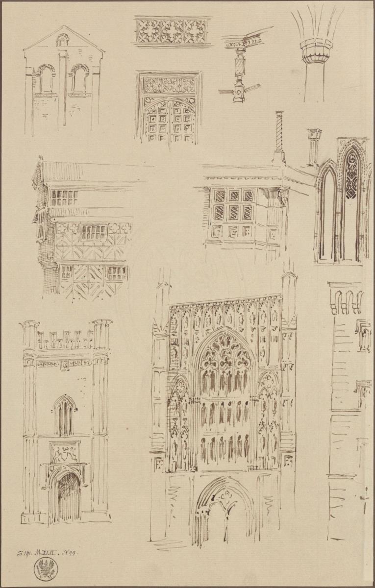 Mittelalterliche Abteifassaden. Englisches Fachwerkhaus und Architekturdetails