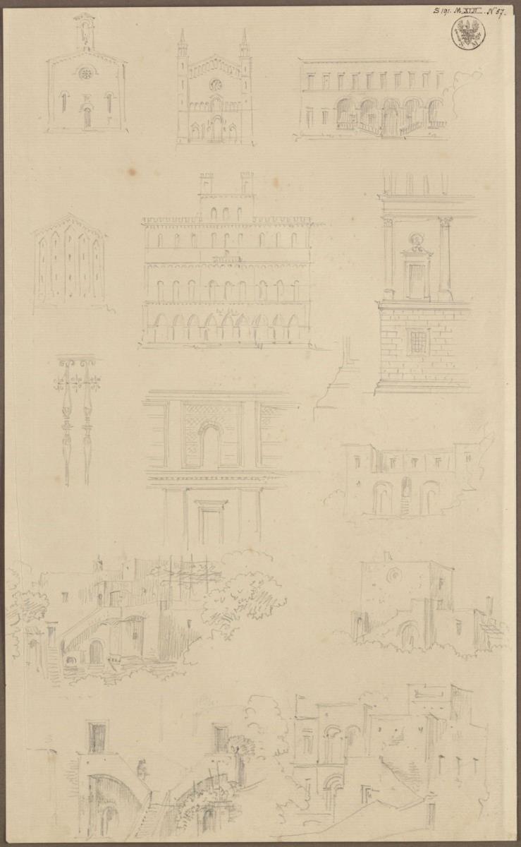 Mittelalterliche italienische Kirchenfassaden, Rathaus- und Palastfassaden, Eckansicht eines Renaissancepalastes und Ansichten eines Burgpalastes mit Freitreppe