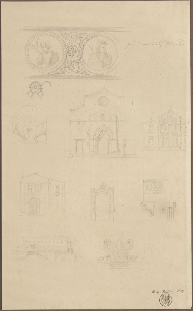 Medaillonfries mit Köpfen, Mittelalterliche Kirche und Palastfassade, Details eines Portals, Ansicht eines Palastes auf einem Plateau