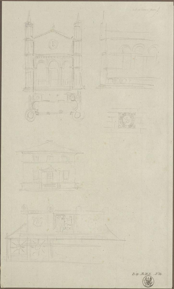 Kirchenfassade mit Rundbogen und Seitenansicht, Landhaus und Brunnen