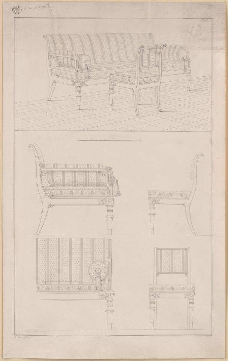 Vorzeichnung für die Vorbilder für Fabrikanten und Handwerker. Teil 2, Abteilung 2, Blatt 16: Entwurf für einen Armlehstuhl und ein Sofa